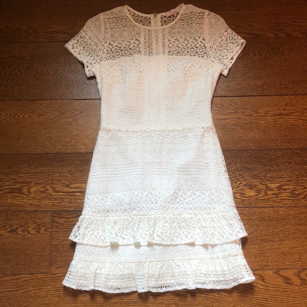 Parker Lace Illusion Flounced Cocktail Dress XS